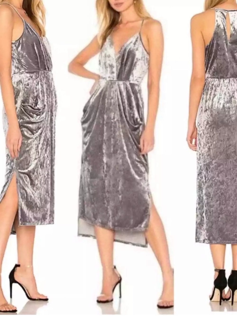 BCBGeneration Silver Crushed Velvet Midi Slip Dress
